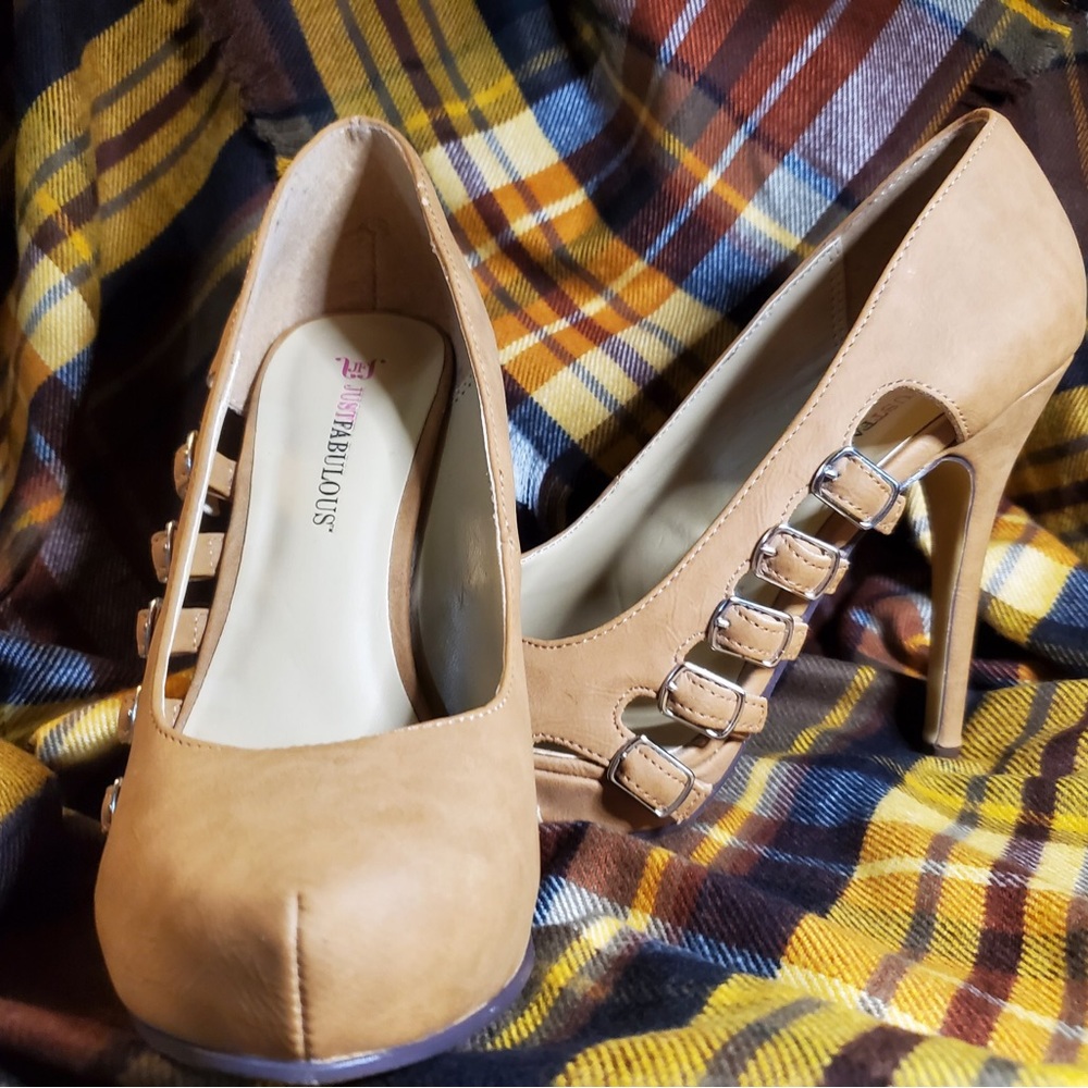 Tan Vegan Leather Pump with Buckle-accented Cutouts Size 7.5